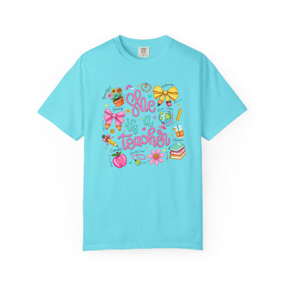 Teacher T-Shirt — "She is a Teacher" Cute School Supplies Design