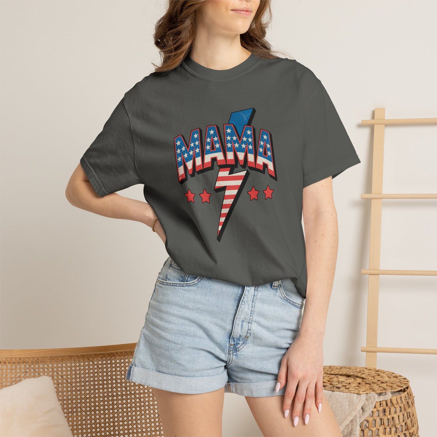 Mama Lightning Bolt Graphic Tee — Patriotic Stars & Stripes Mom T-Shirt