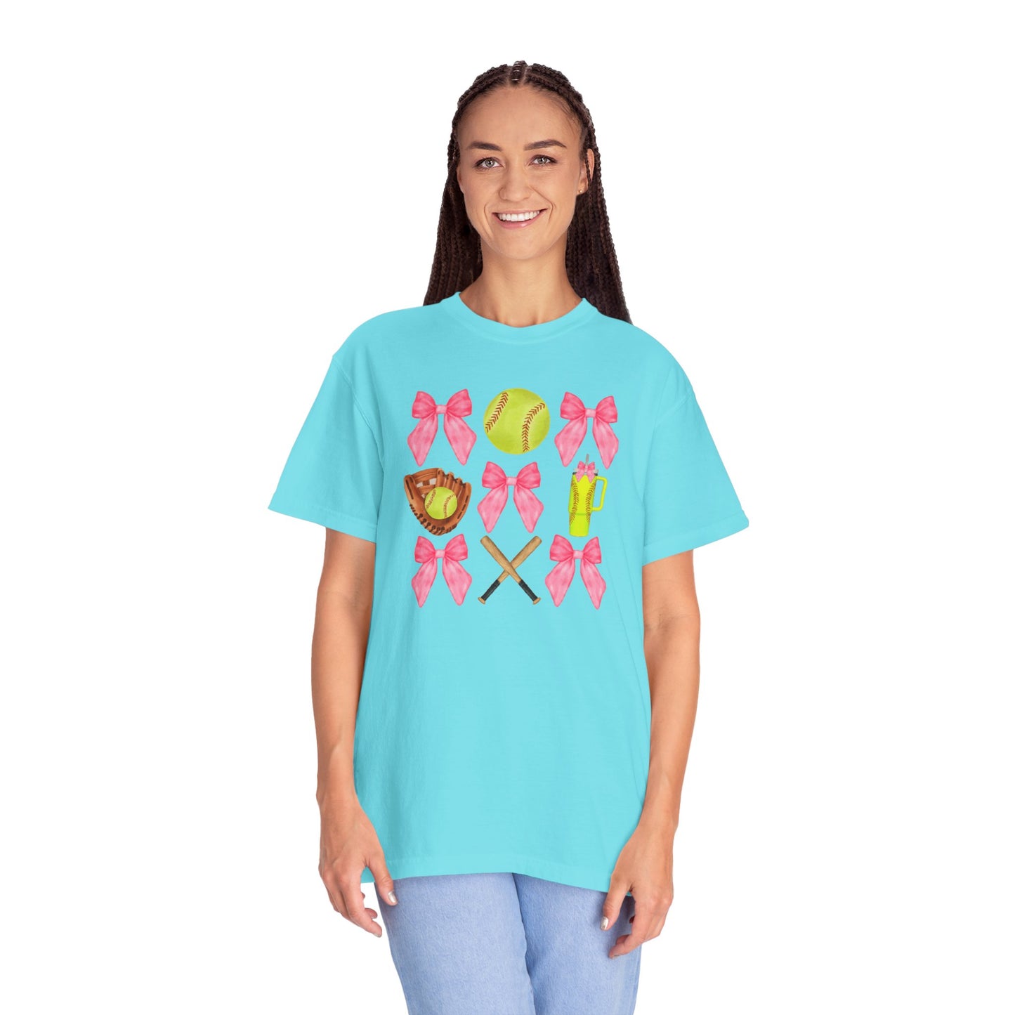 Softball Mom Graphic T‑Shirt — Pink Bows, Glove & Bat Design