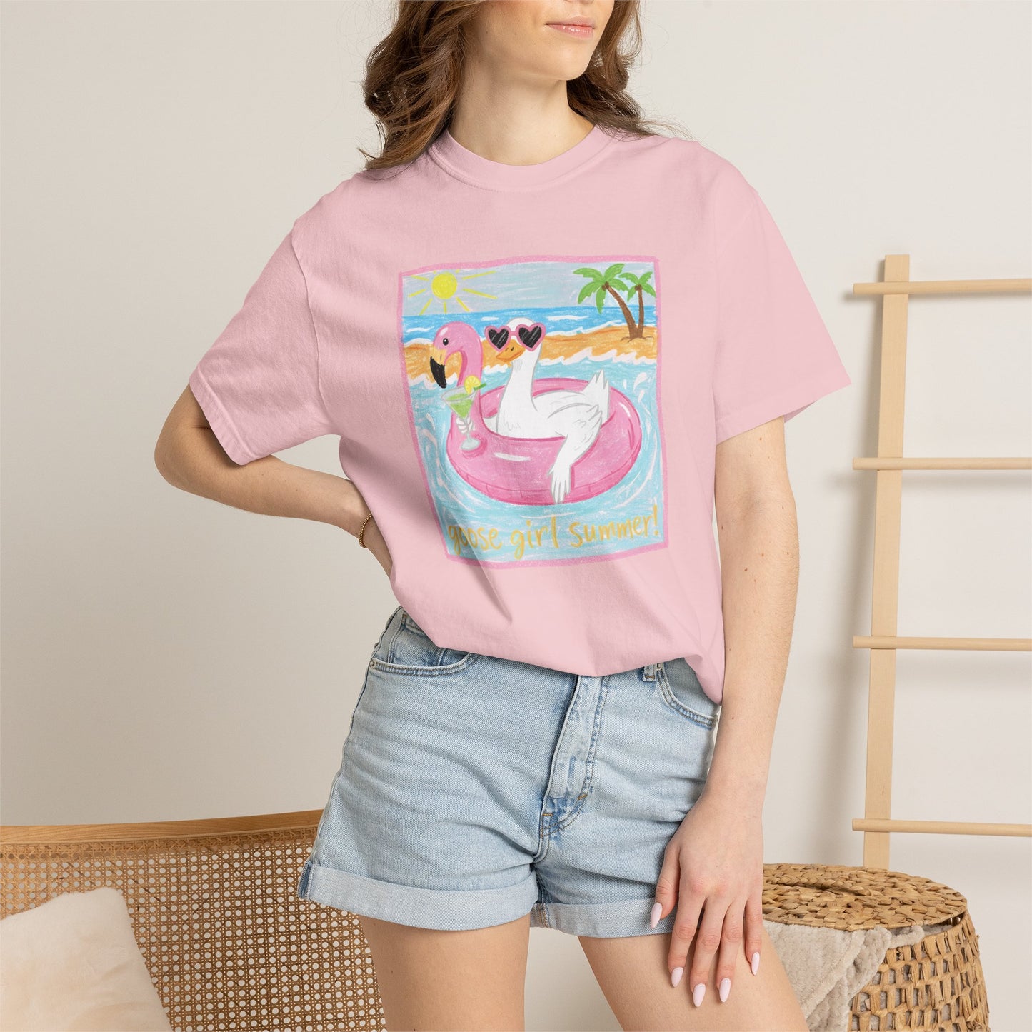 Summer Flamingo Pool Float T-Shirt – ‘Good Vibes & Sunshine’ Beach Tee
