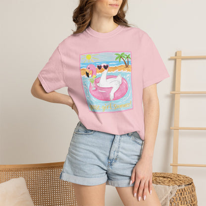 Summer Flamingo Pool Float T-Shirt – ‘Good Vibes & Sunshine’ Beach Tee