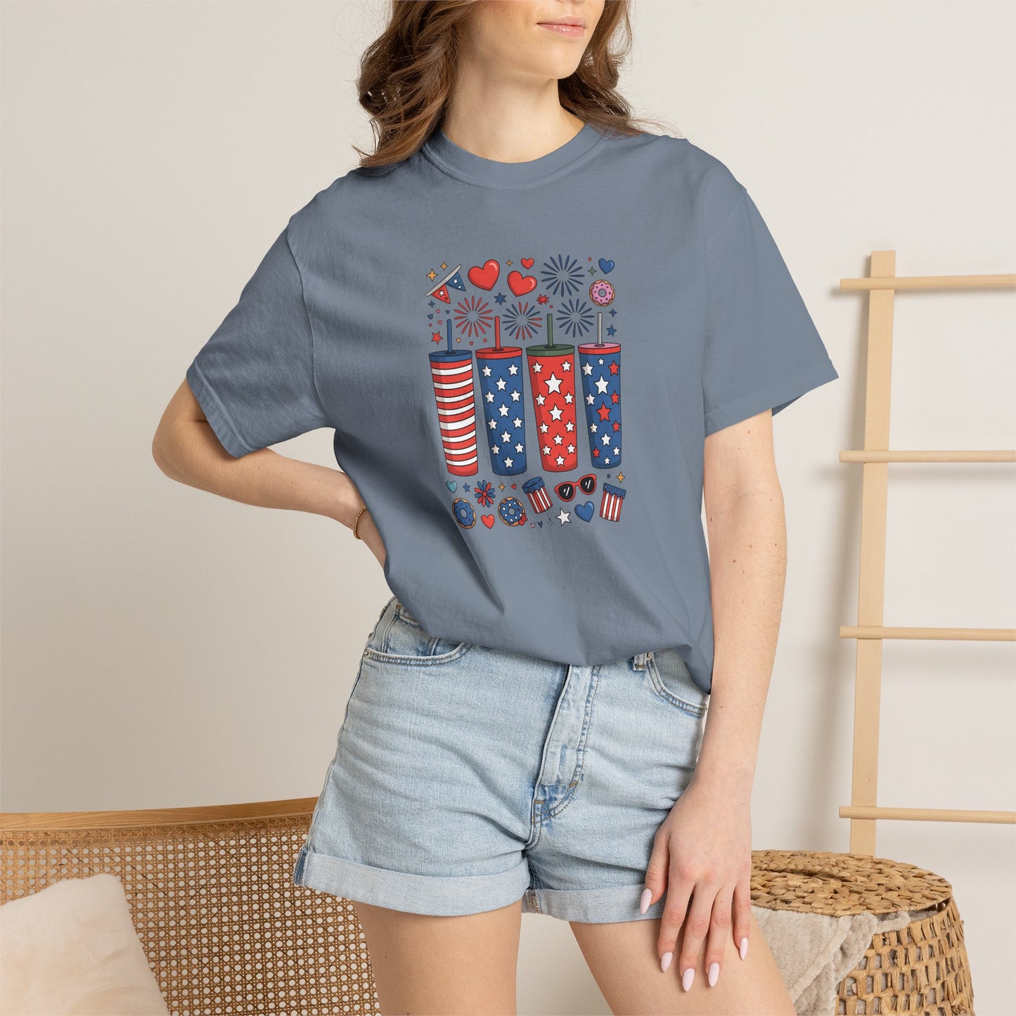 Patriotic Fireworks Cups T-Shirt — USA 4th of July Graphic Tee