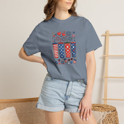 Patriotic Fireworks Cups T-Shirt — USA 4th of July Graphic Tee