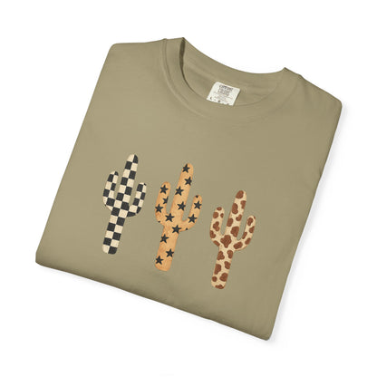 Cactus Trio Graphic T-Shirt — Checkerboard & Leopard Desert Tee