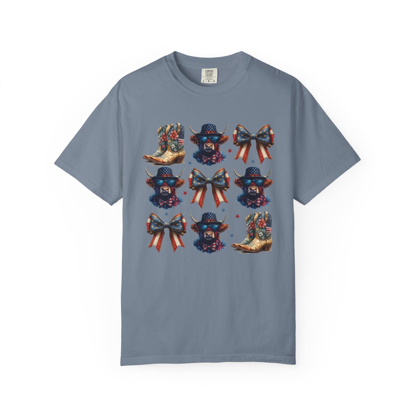 Patriotic Cowboy Icons T-Shirt — Western Boots, Hats & Bows Graphic Tee