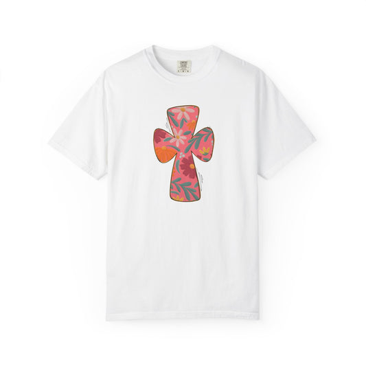 Floral Cross T-Shirt — Tropical Flower Graphic Tee