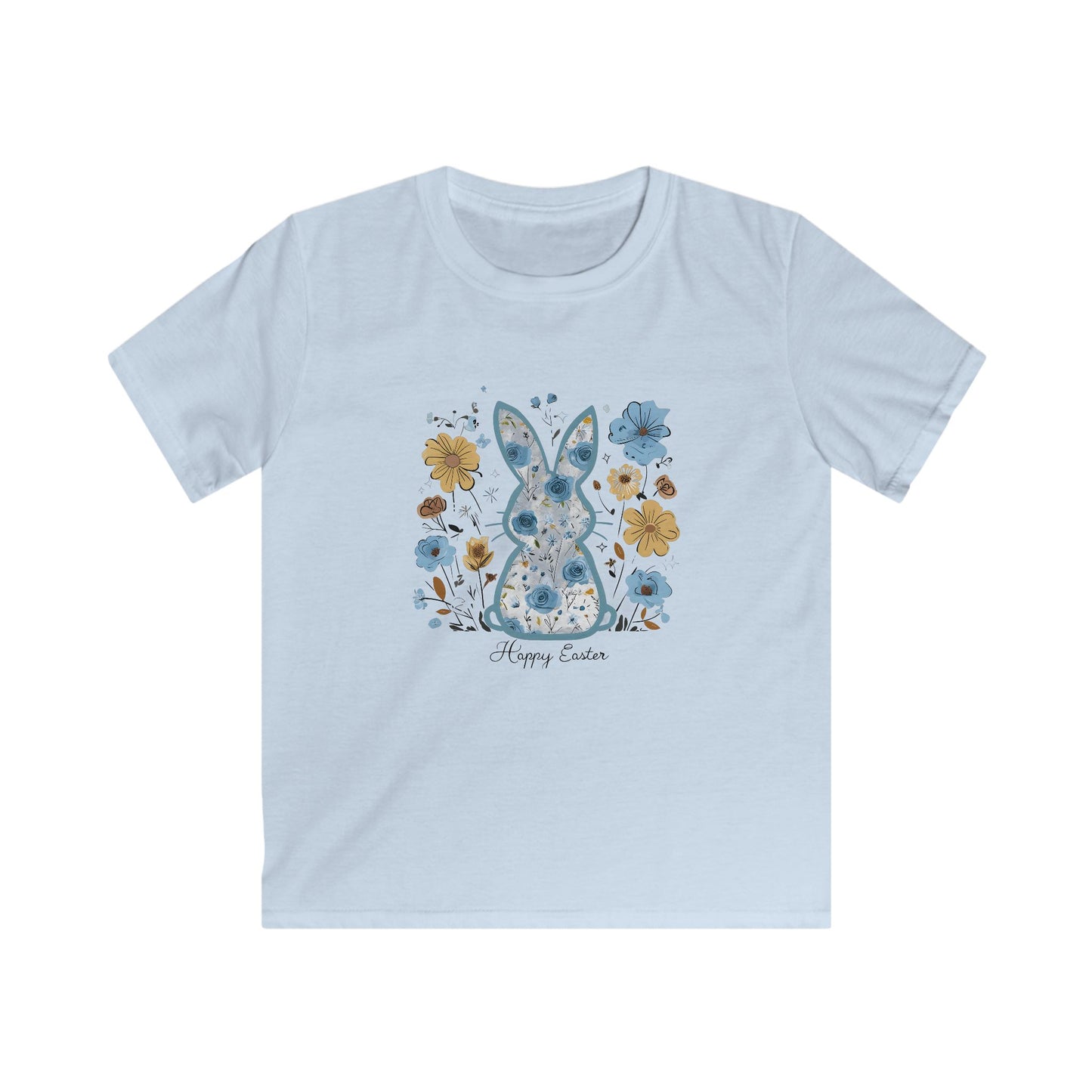 Kids Tee — Floral Blue Bunny "Happy Easter" Shirt
