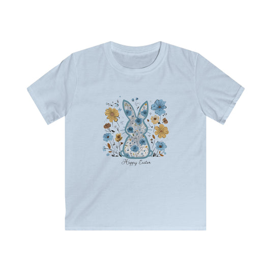 Kids Tee — Floral Blue Bunny "Happy Easter" Shirt