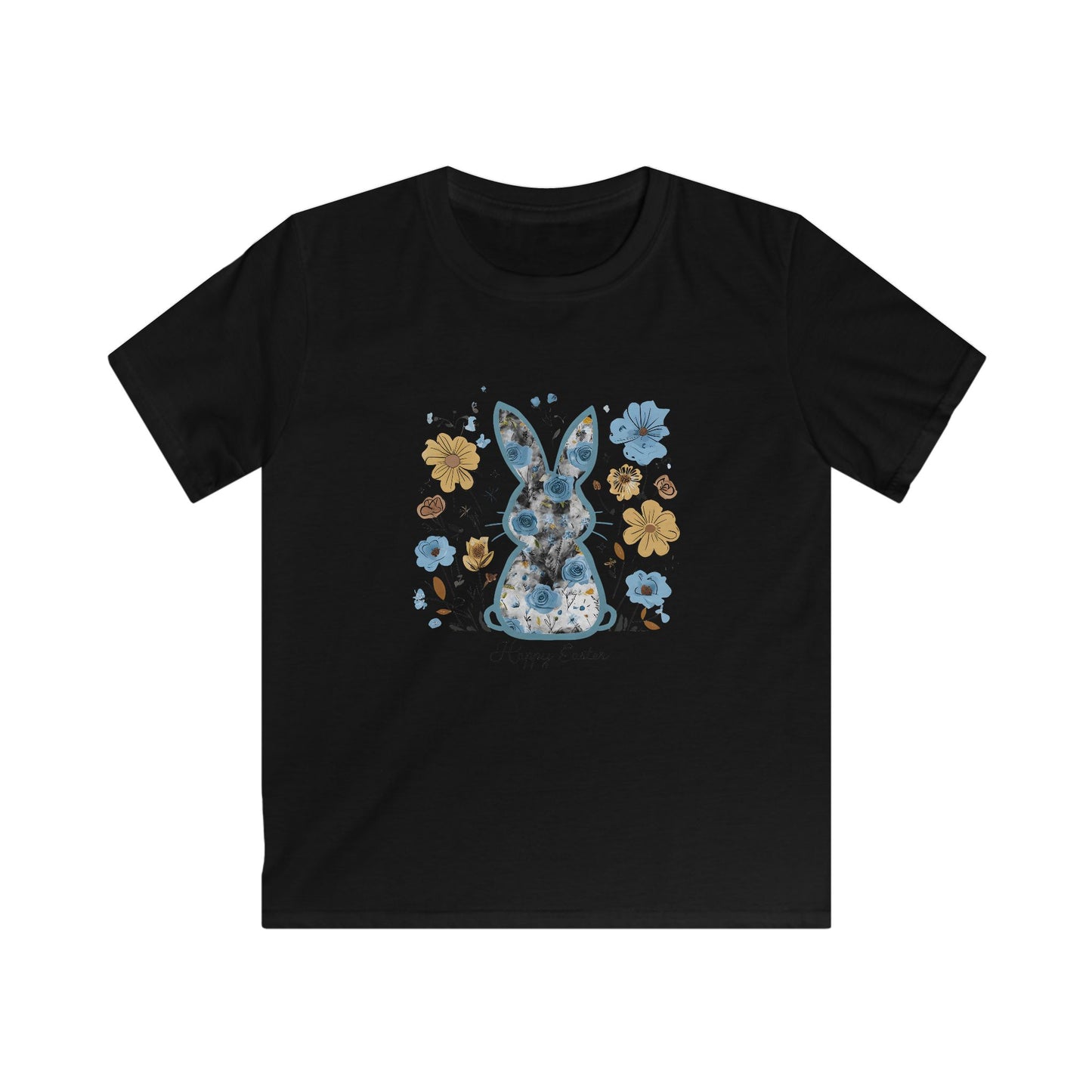 Kids Tee — Floral Blue Bunny "Happy Easter" Shirt