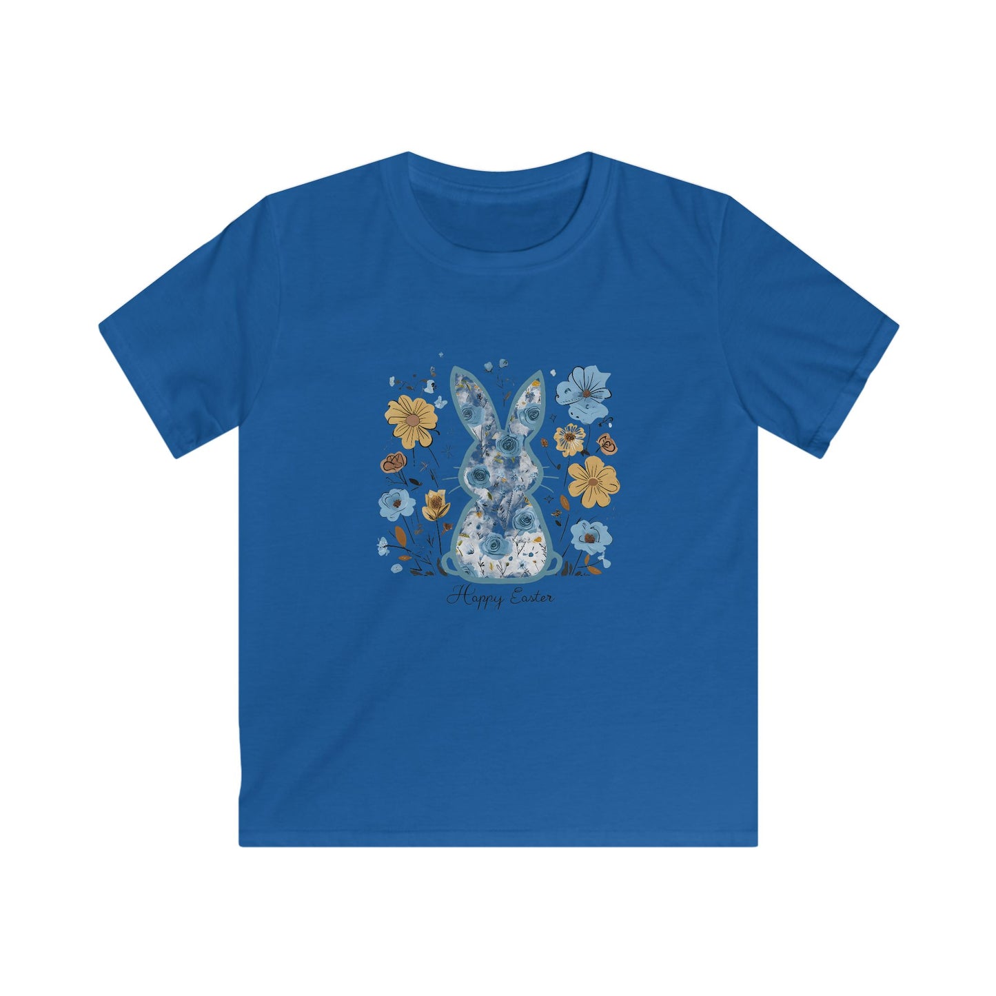 Kids Tee — Floral Blue Bunny "Happy Easter" Shirt