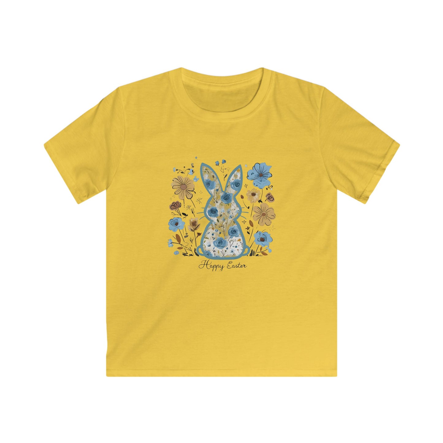 Kids Tee — Floral Blue Bunny "Happy Easter" Shirt