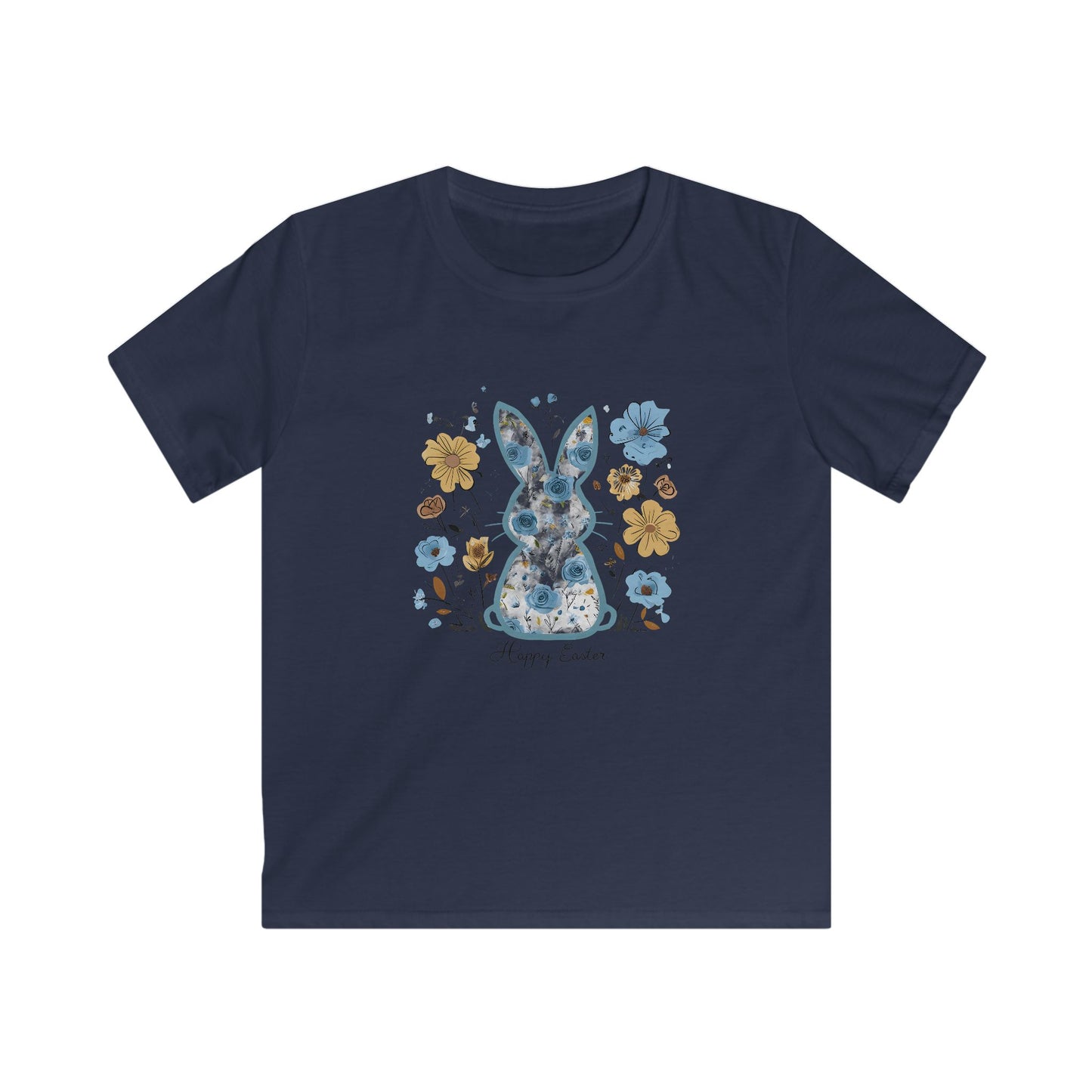 Kids Tee — Floral Blue Bunny "Happy Easter" Shirt