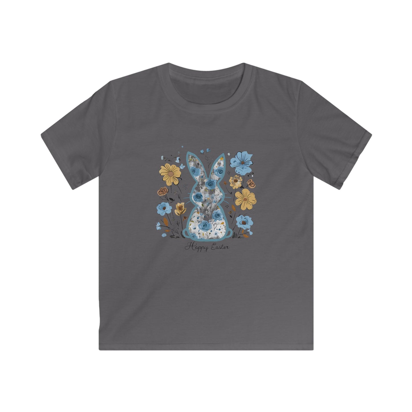 Kids Tee — Floral Blue Bunny "Happy Easter" Shirt