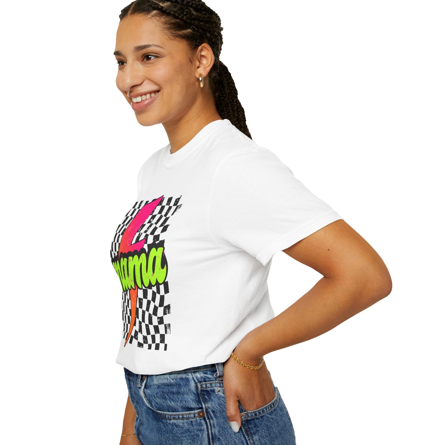 Mama Lightning Bolt T-Shirt — Retro Neon Checkered Graphic Tee for Moms
