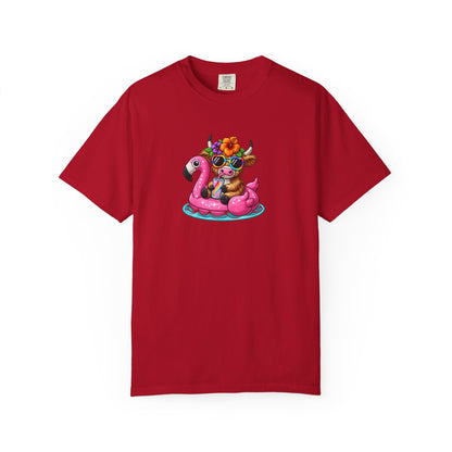 Cute cow on Pink Flamingo Float Graphic T-Shirt — Summer Pool Party Tee