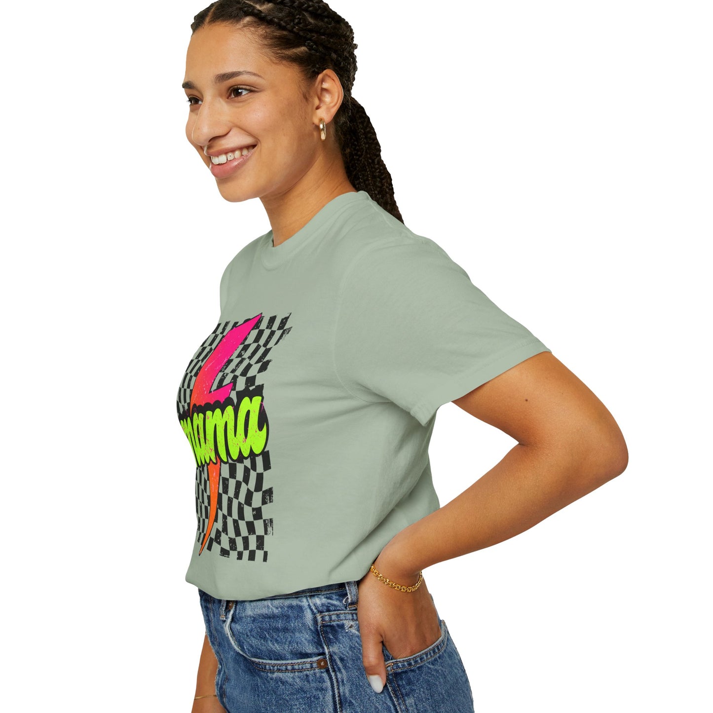 Mama Lightning Bolt T-Shirt — Retro Neon Checkered Graphic Tee for Moms