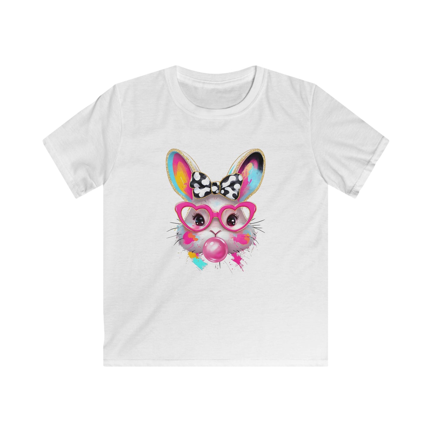 Kids Bunny Bubblegum Tee — Colorful Bunny with Glasses & Bow Kids T-Shirt