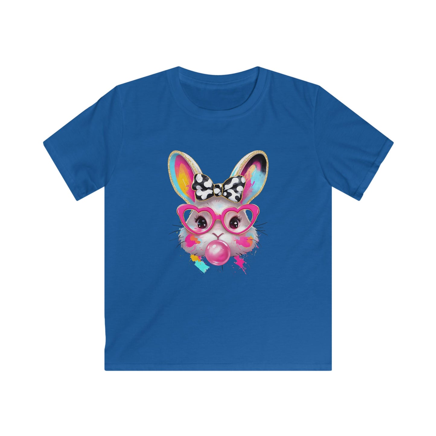 Kids Bunny Bubblegum Tee — Colorful Bunny with Glasses & Bow Kids T-Shirt