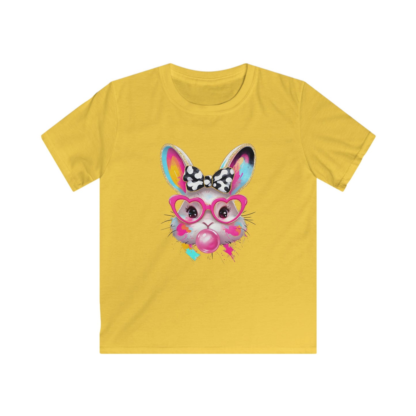 Kids Bunny Bubblegum Tee — Colorful Bunny with Glasses & Bow Kids T-Shirt
