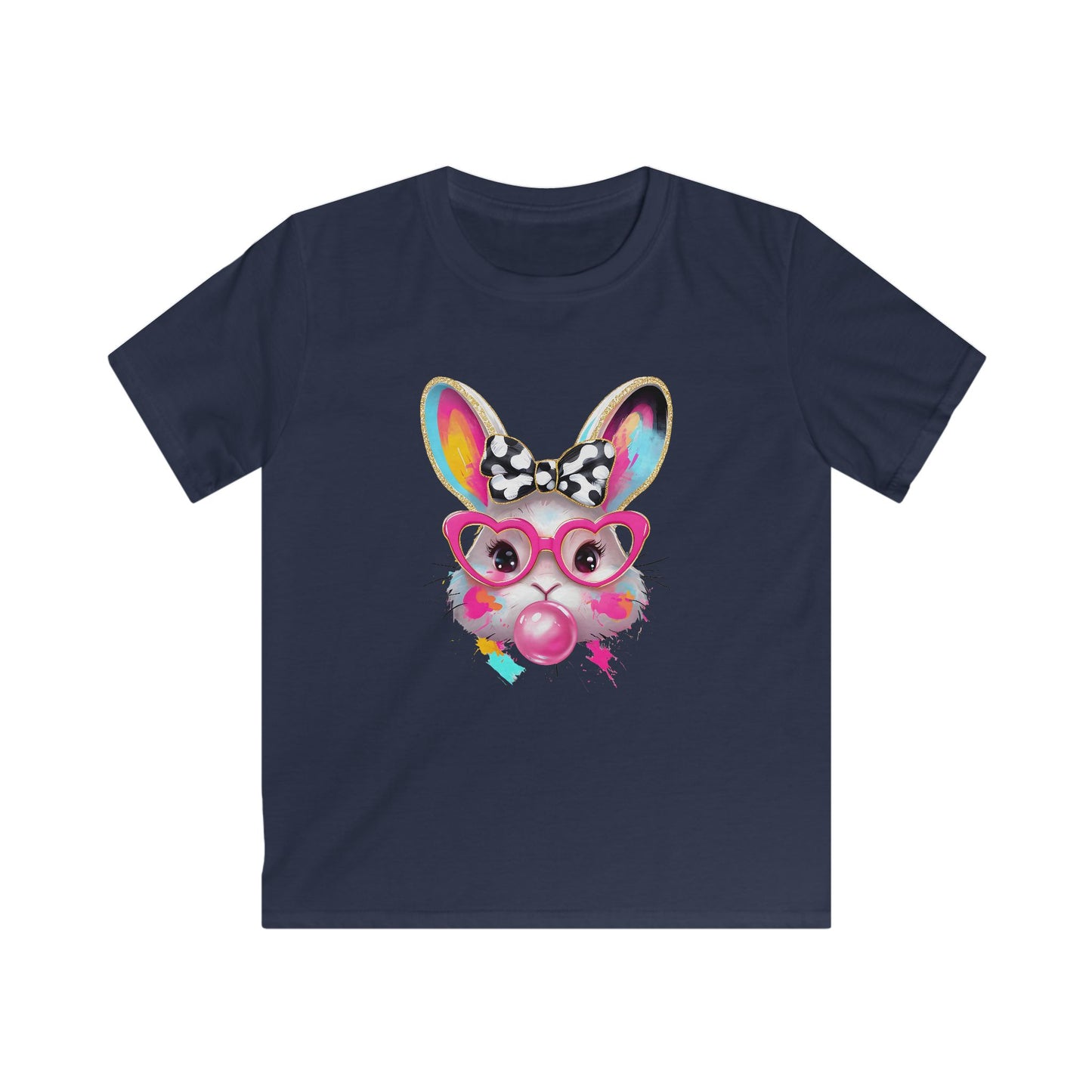 Kids Bunny Bubblegum Tee — Colorful Bunny with Glasses & Bow Kids T-Shirt