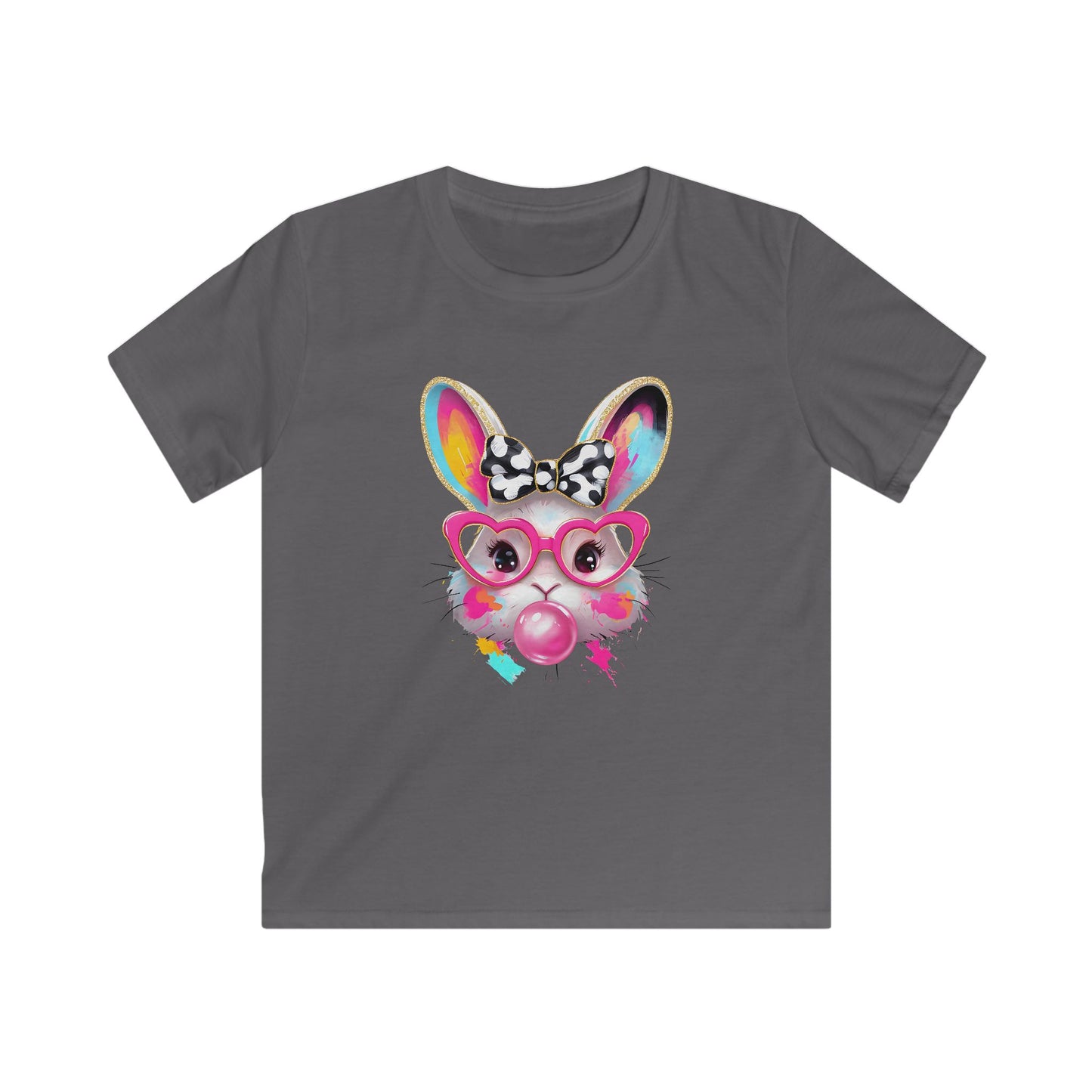 Kids Bunny Bubblegum Tee — Colorful Bunny with Glasses & Bow Kids T-Shirt