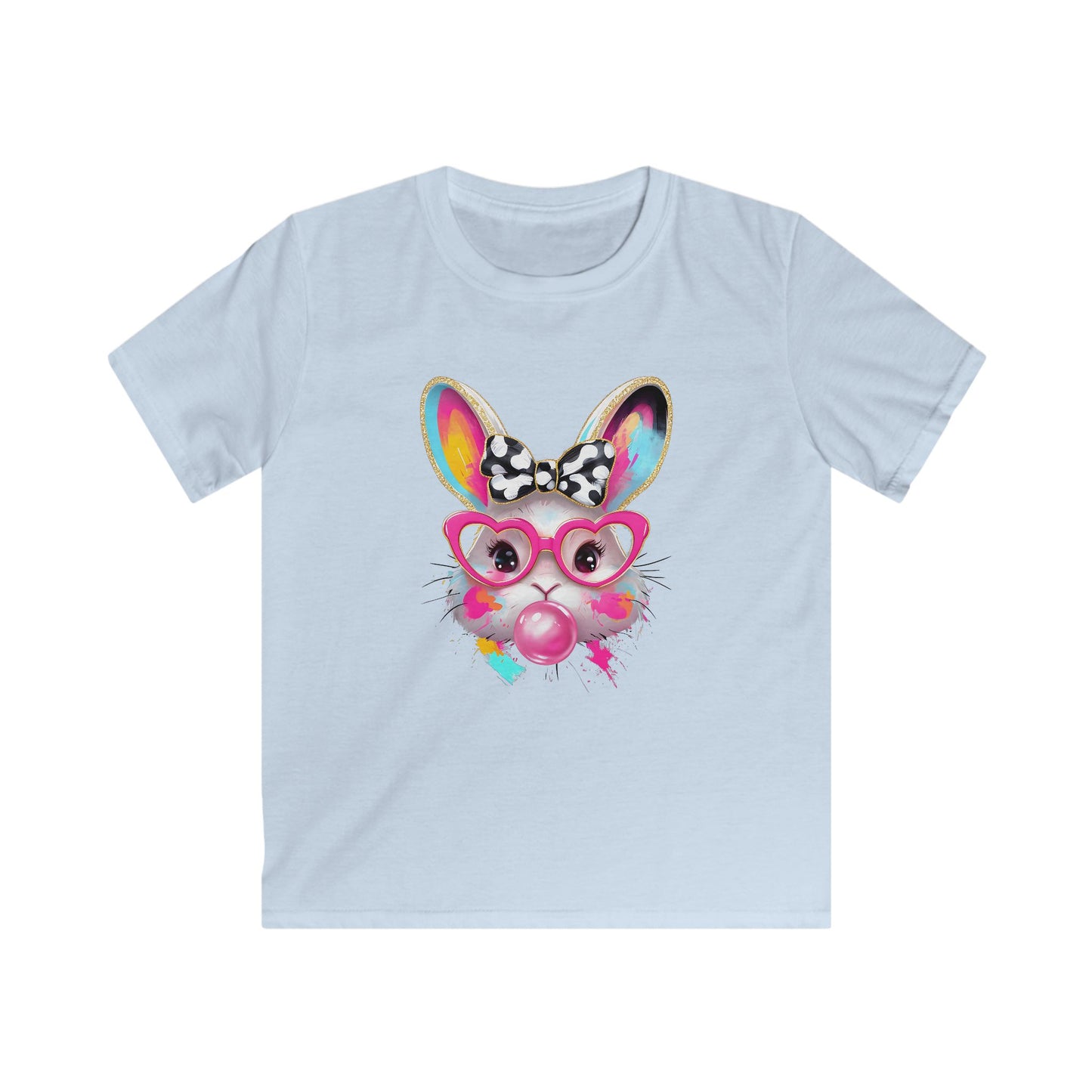 Kids Bunny Bubblegum Tee — Colorful Bunny with Glasses & Bow Kids T-Shirt