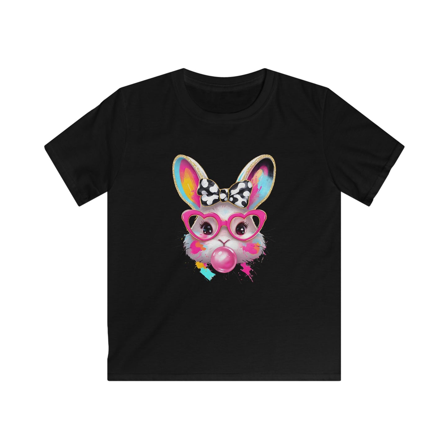 Kids Bunny Bubblegum Tee — Colorful Bunny with Glasses & Bow Kids T-Shirt