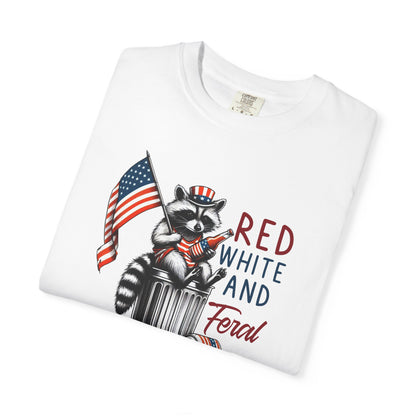 T-Shirt — 'Red, White and Feral' Raccoon American Flag Graphic