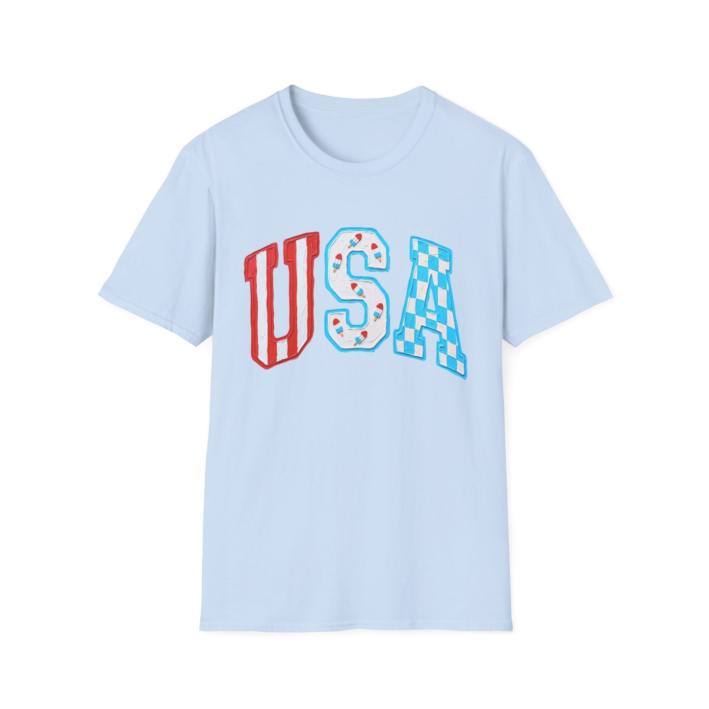 USA Patriotic T-Shirt — Red White & Blue Lettering Tee