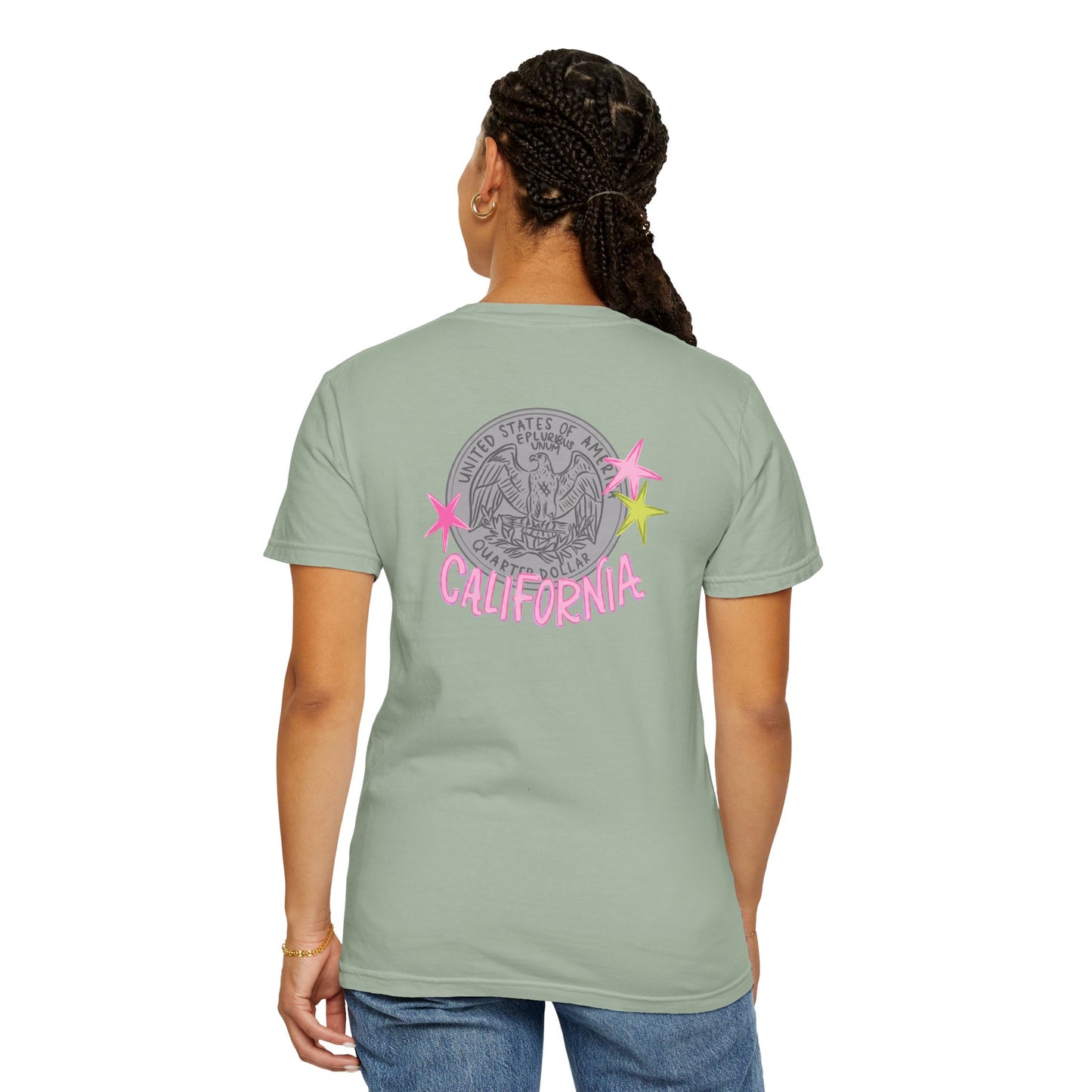 California Coin Graphic Tee — 'California' Retro Neon Stars T-Shirt