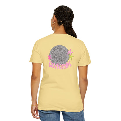 California Coin Graphic Tee — 'California' Retro Neon Stars T-Shirt