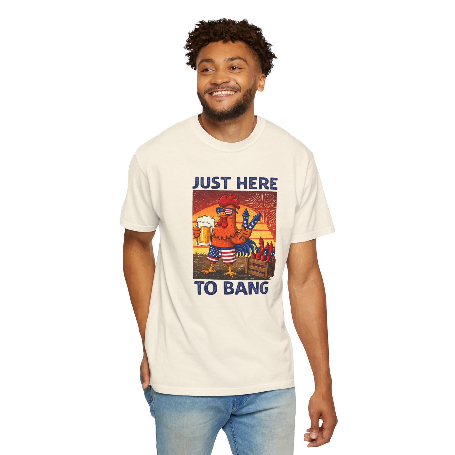 T-Shirt — "Just Here to Bang" Rooster Liberty BBQ Graphic Tee