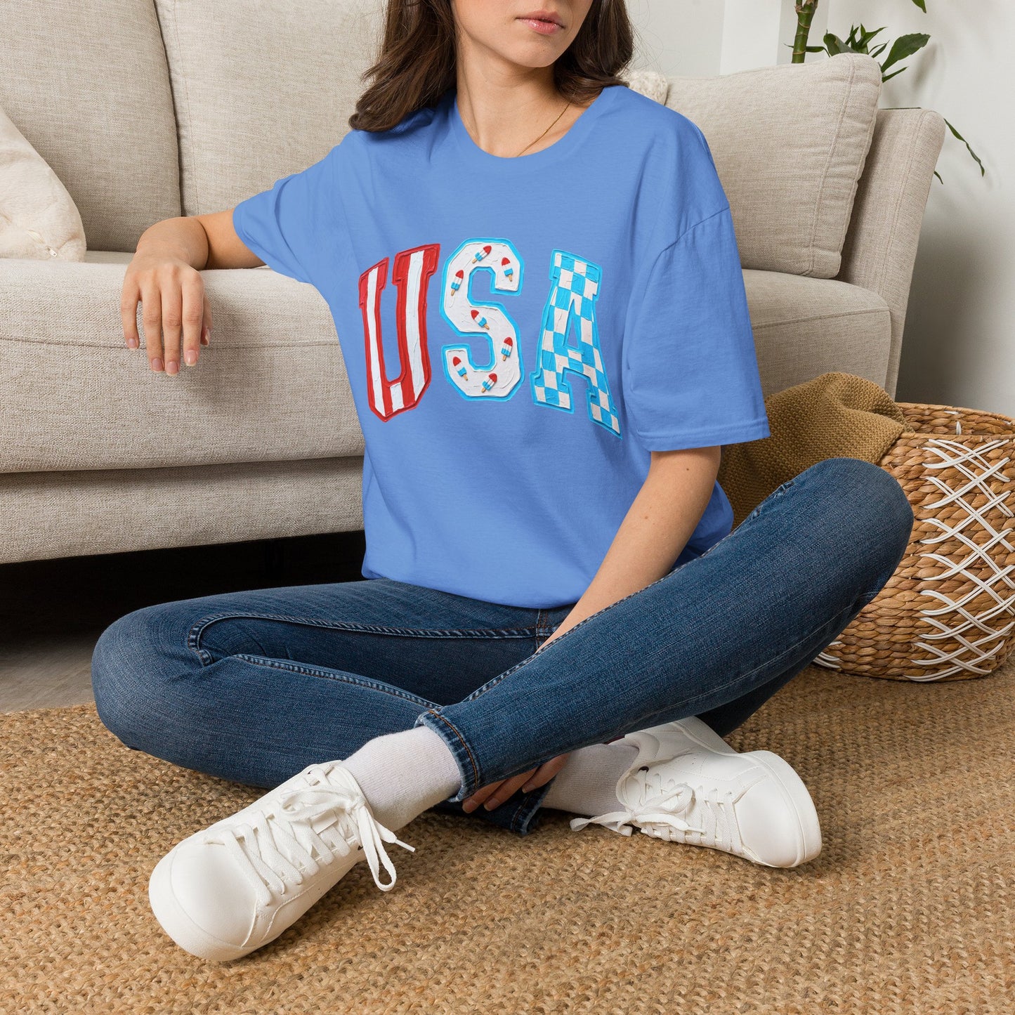USA Patriotic T-Shirt — Red White & Blue Lettering Tee