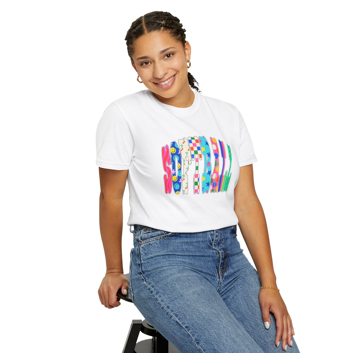 Smile Block Graphic T-Shirt — Colorful Patterned 'SMILE' Design