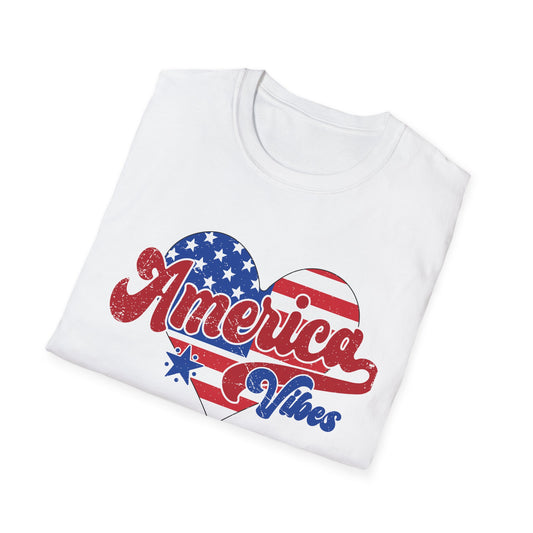 America Vibes Heart T-Shirt — Patriotic USA Flag Graphic Tee for 4th of July