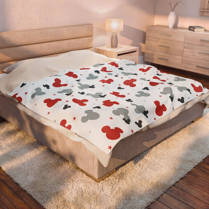 Mickey Pattern Velveteen Plush Blanket – Red & Gray Disney Mouse Silhouette Throw