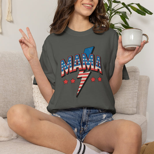 Mama Lightning Bolt Graphic Tee — Patriotic Stars & Stripes Mom T-Shirt