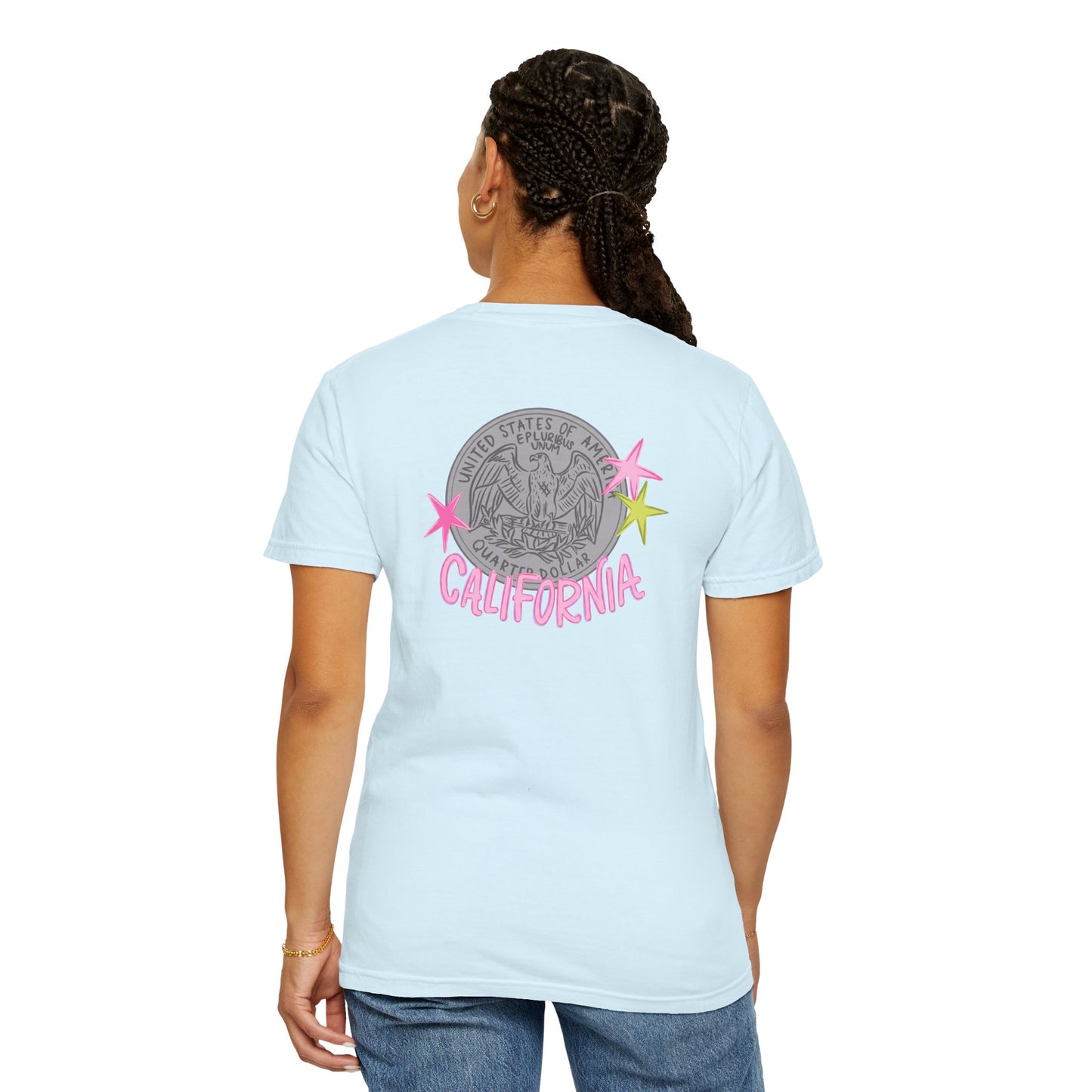 California Coin Graphic Tee — 'California' Retro Neon Stars T-Shirt