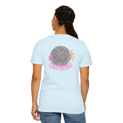 California Coin Graphic Tee — 'California' Retro Neon Stars T-Shirt