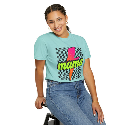 Mama Lightning Bolt T-Shirt — Retro Neon Checkered Graphic Tee for Moms