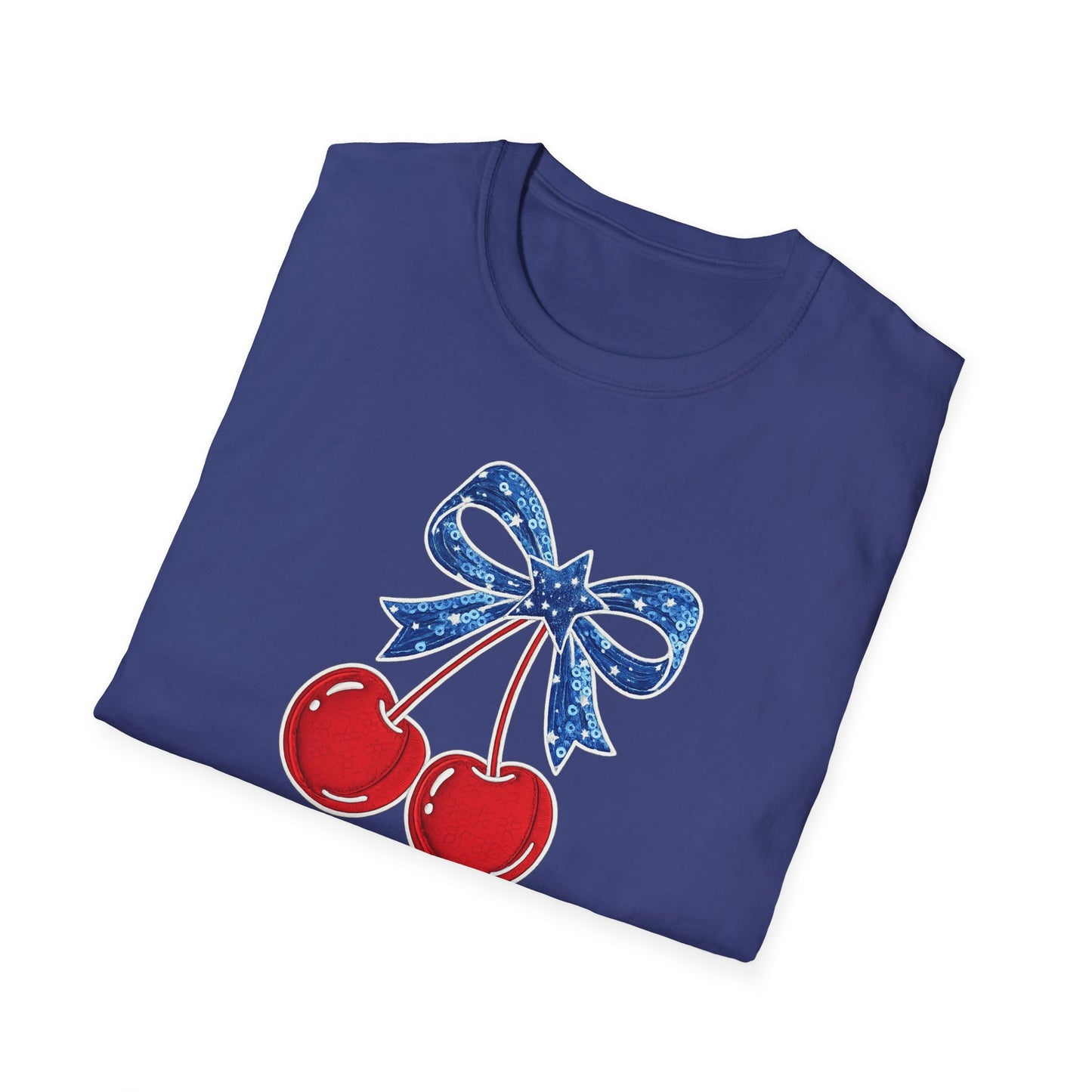 Cherry Graphic T-Shirt — Vintage Red Cherries with Blue Bow