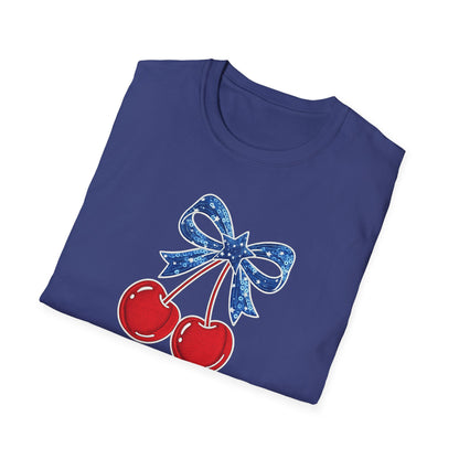 Cherry Graphic T-Shirt — Vintage Red Cherries with Blue Bow