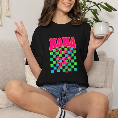 Mama Meltdown Graphic T-Shirt — Neon Checkerboard Drip Design