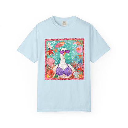 Sea Duck Mermaid T-Shirt — Whimsical Beach Graphic Tee with Sunglasses & Shell Bra