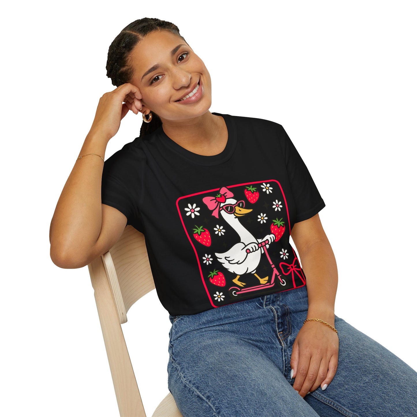 Cute Goose on Scooter T‑Shirt — Strawberry & Bow Graphic Tee
