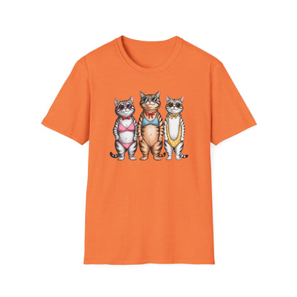 Funny Cats in Bathing Suits T-Shirt — Retro Trio Cat Beach Tee