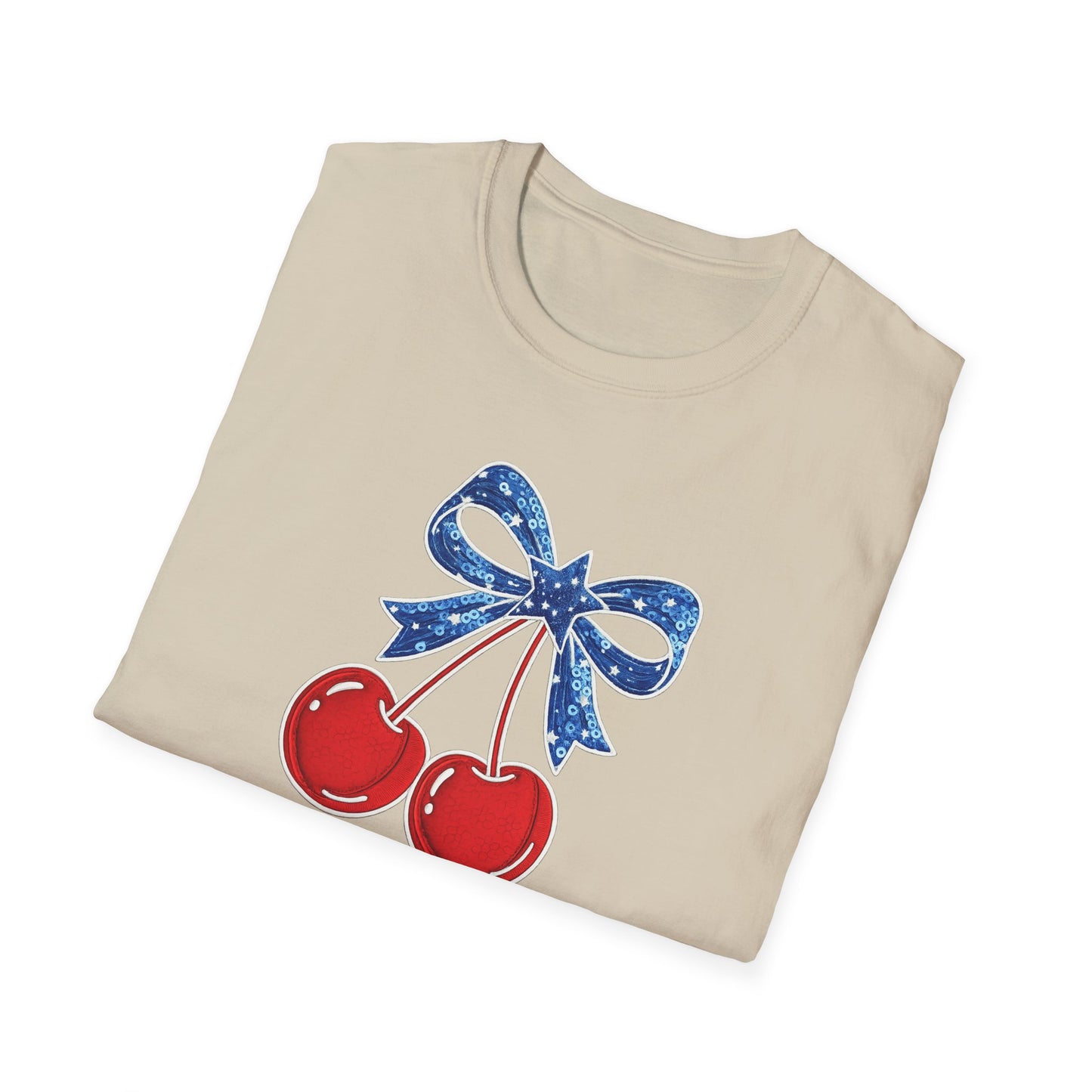 Cherry Graphic T-Shirt — Vintage Red Cherries with Blue Bow