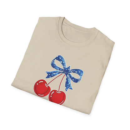 Cherry Graphic T-Shirt — Vintage Red Cherries with Blue Bow
