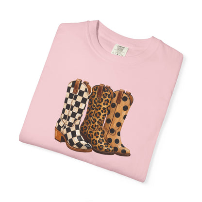 Cowgirl Boots Graphic T-Shirt — Checker & Leopard Print Western Tee