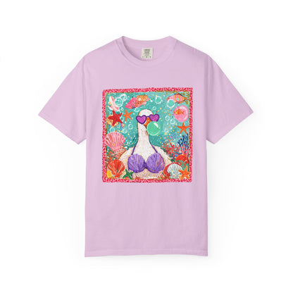 Sea Duck Mermaid T-Shirt — Whimsical Beach Graphic Tee with Sunglasses & Shell Bra